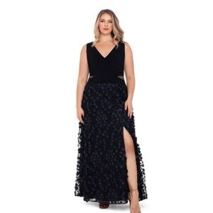 NWT XSCAPE Black Floral Appliqué Mesh Maxi Gown Plus Size 22W